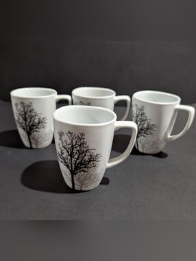 4 Corelle Coordinates TIMBER SHADOWS 12 oz Porcelain Mug Black Grey Branches